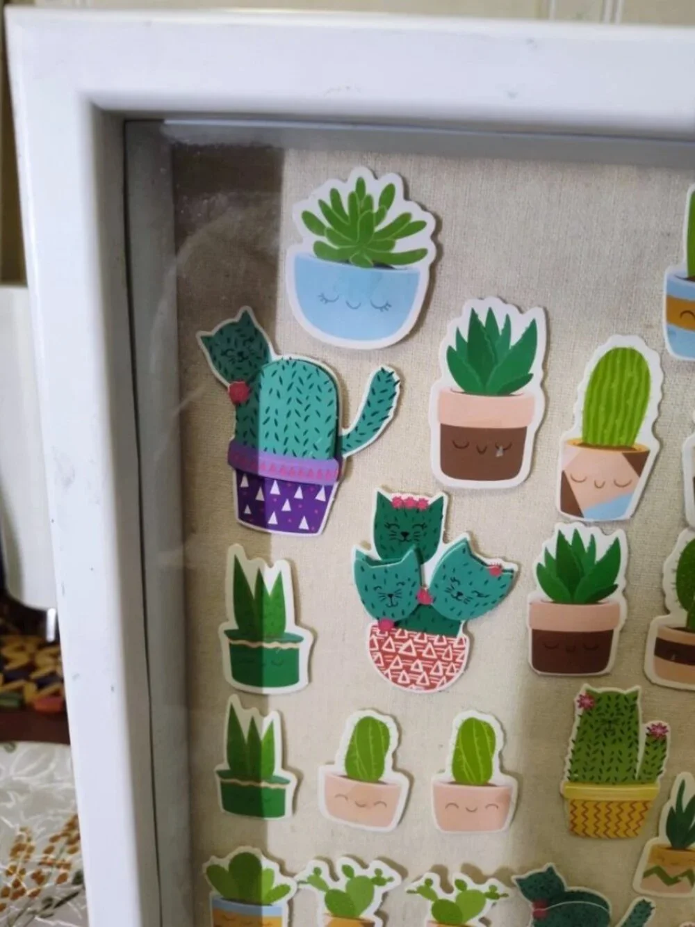 White Wooden Shadow Box Frame With Cats and Succulents Removable Stickers